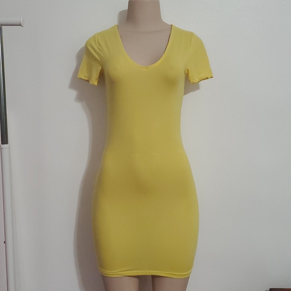Yellow V-neck Bodycon Dress - Picture 2 of 5